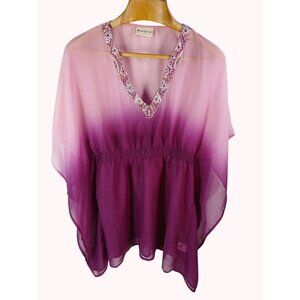 Rhona Sutton Ombre Pink Purple Beaded V Neck Sheer Tunic Top Cover Up Size M